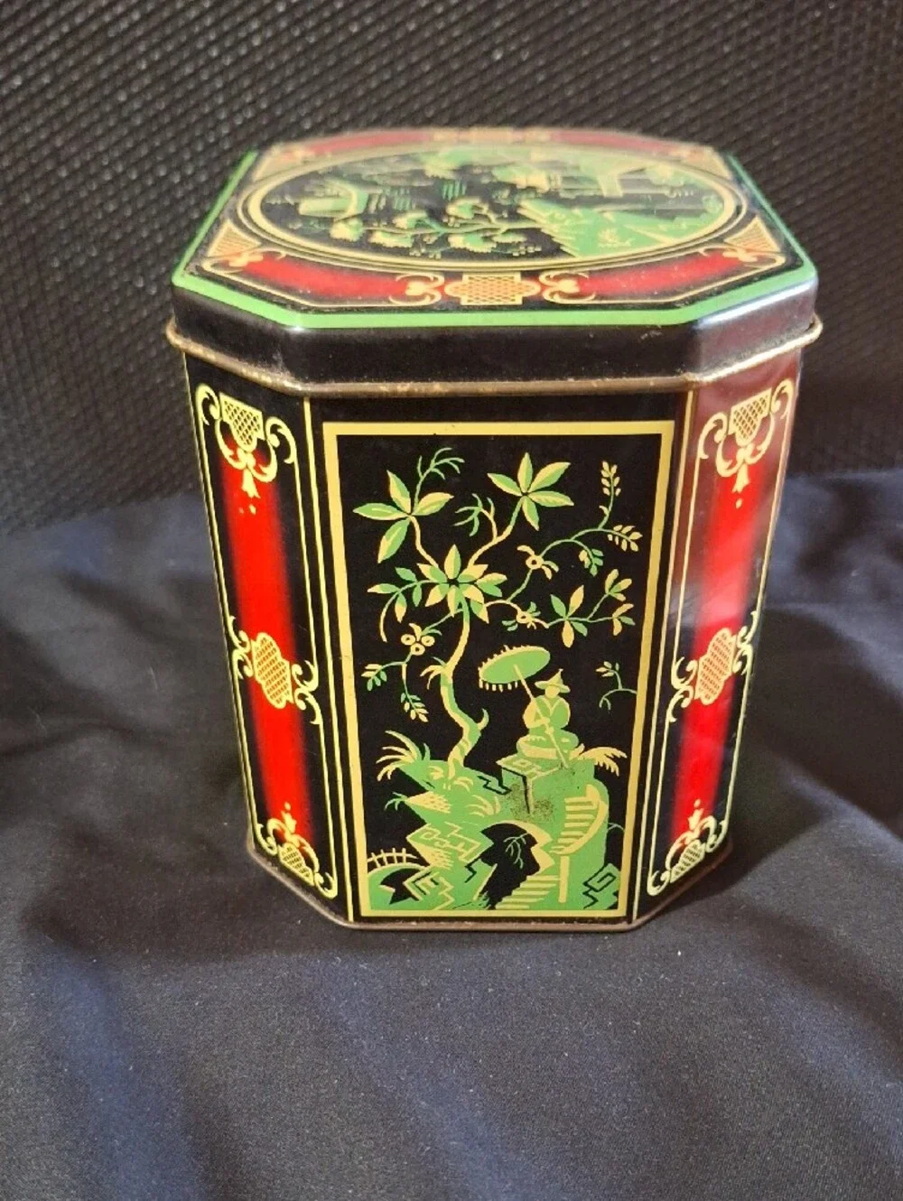Vintage Baret Ware Octagonal Asian-Inspired Tea Tin Made In England